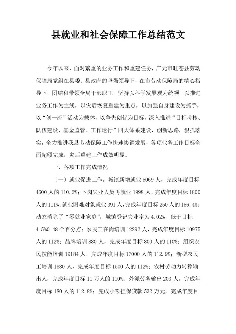 县就业和社会保障工作总结范文