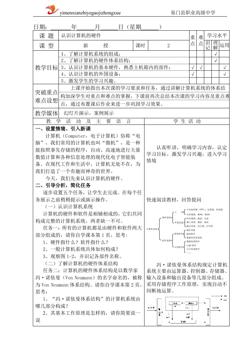 认识计算机硬件教案