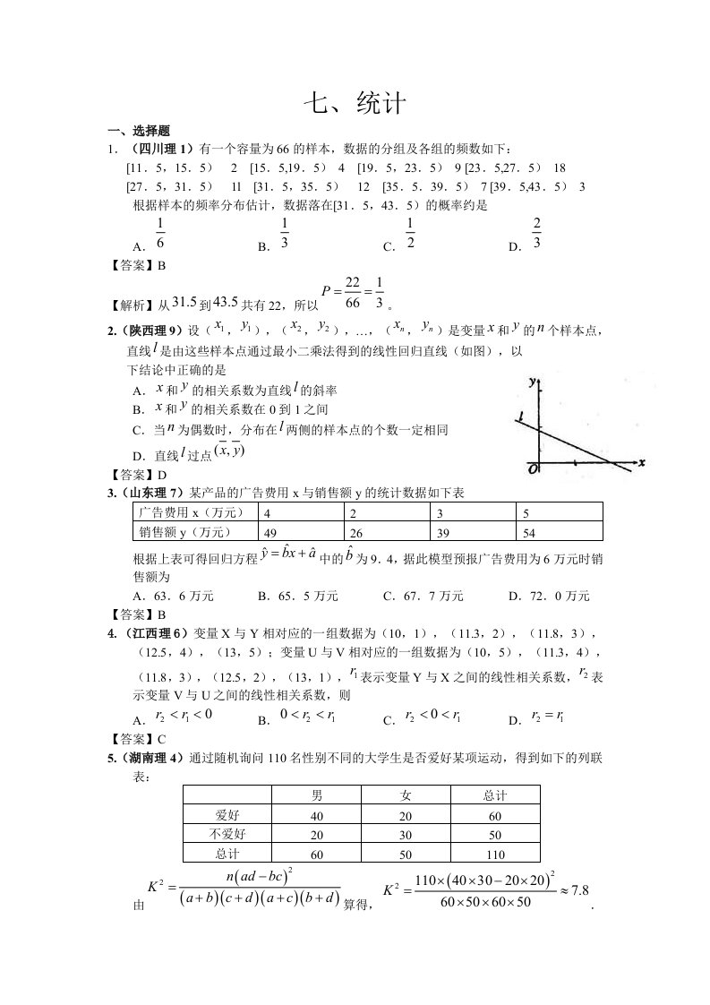 2011年高考数学试题分类汇编-统计