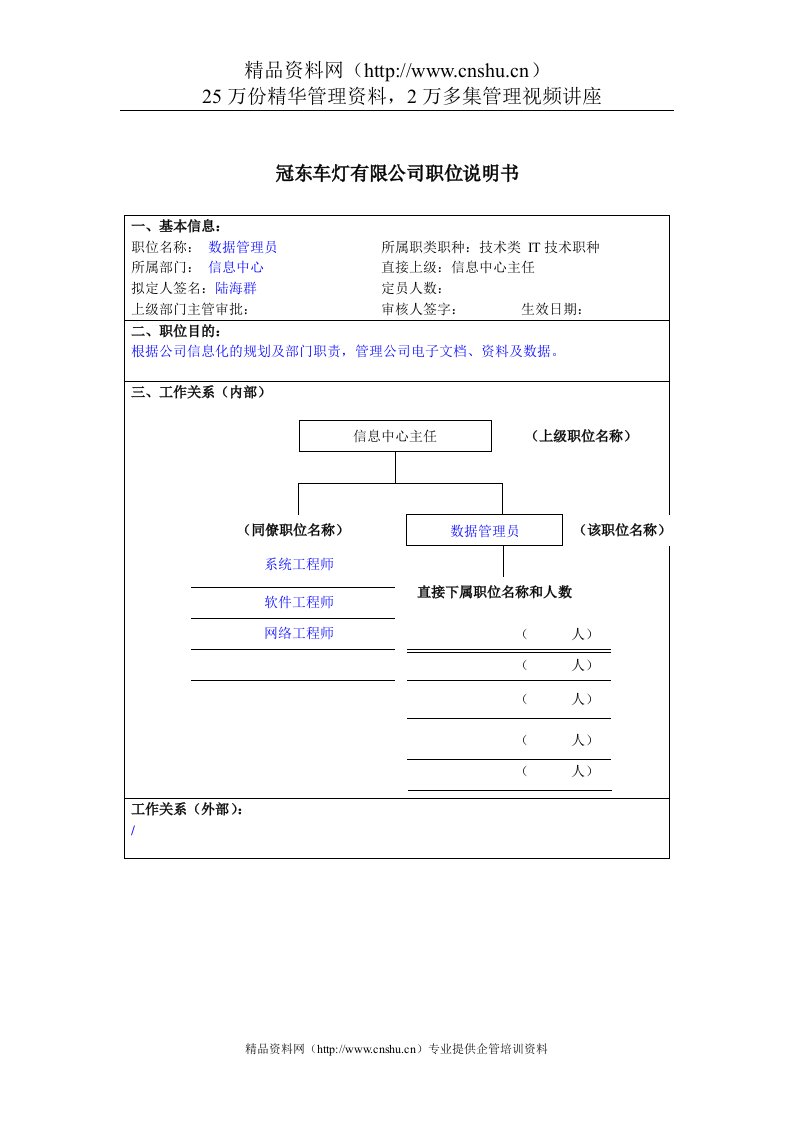 冠东车灯公司信息中心数据管理员职位说明书