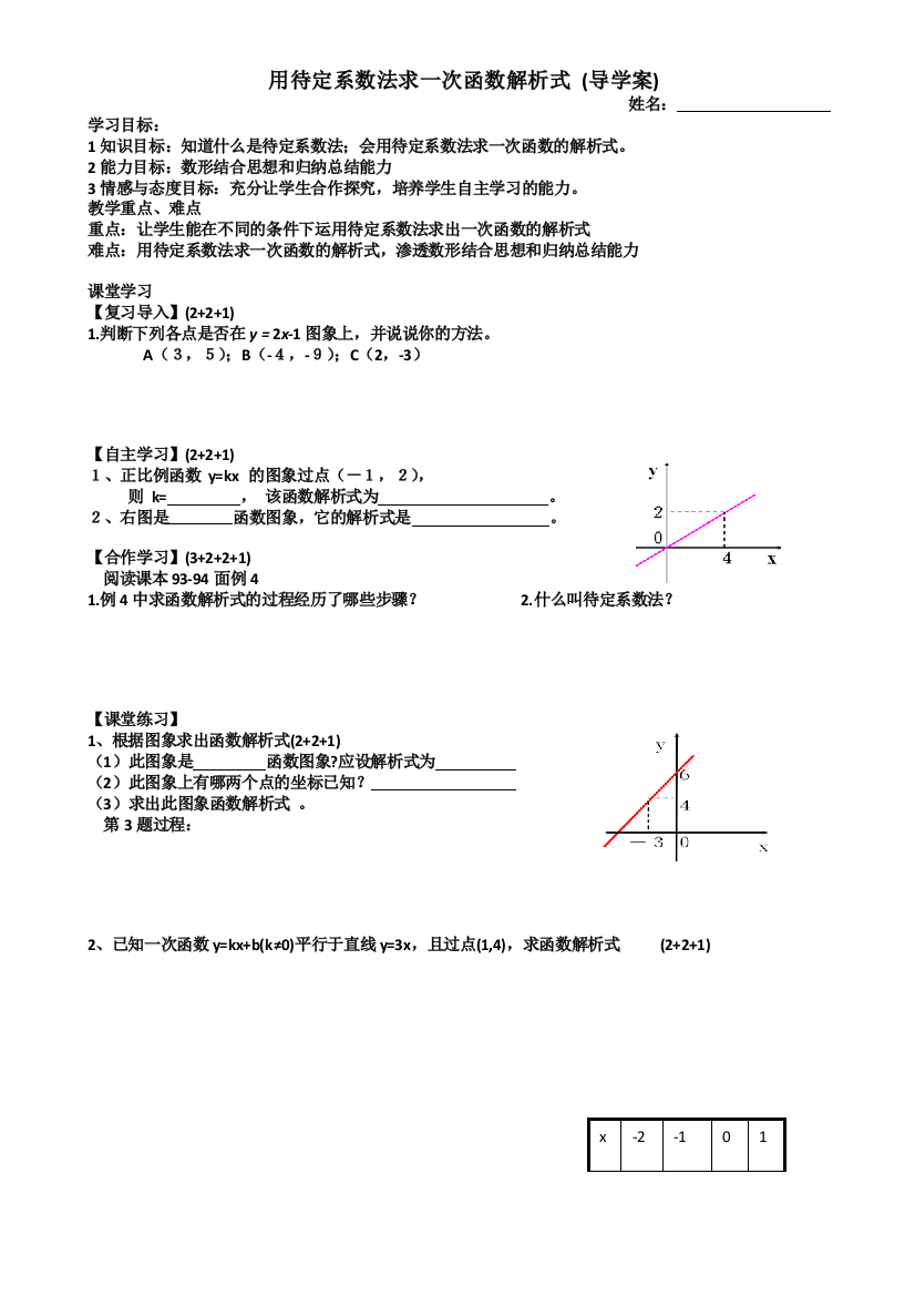 《用待定系数法求一次函数的解析式》导学案