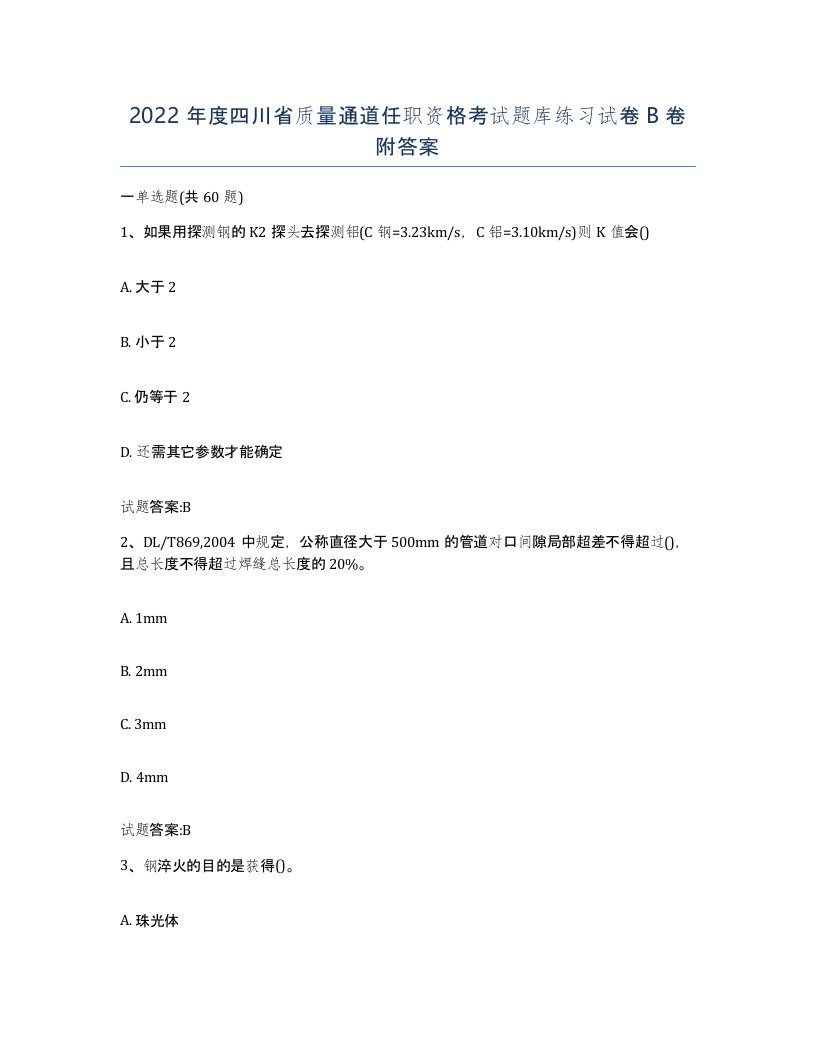 2022年度四川省质量通道任职资格考试题库练习试卷B卷附答案