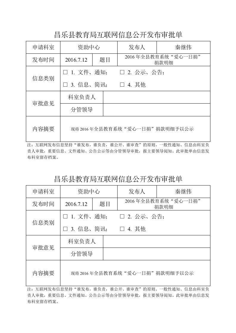 昌乐县教育局互联网信息公开发布审批单