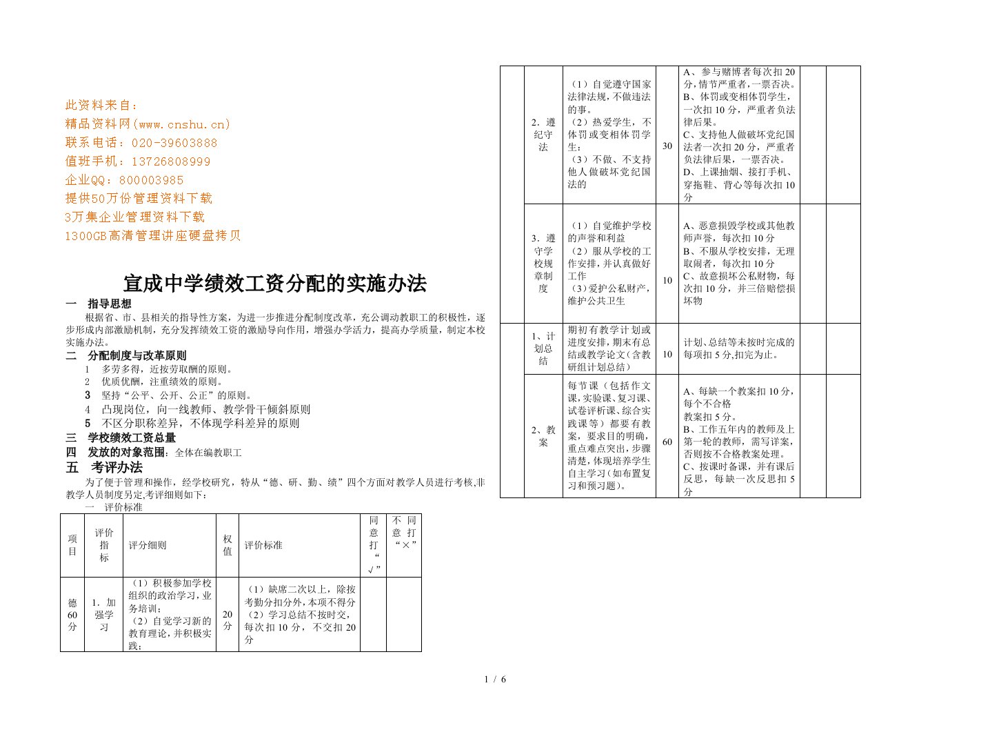 某中学绩效工资分配的实施办法