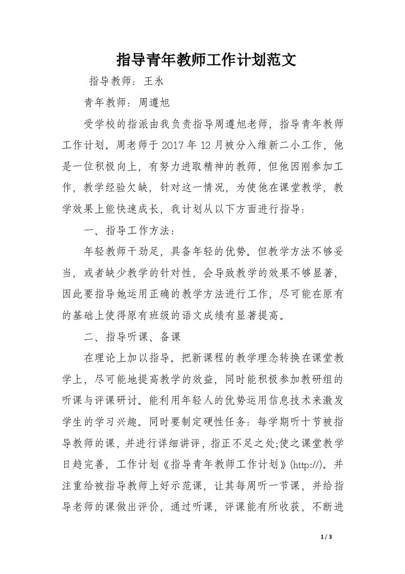 指导青年教师工作计划范文