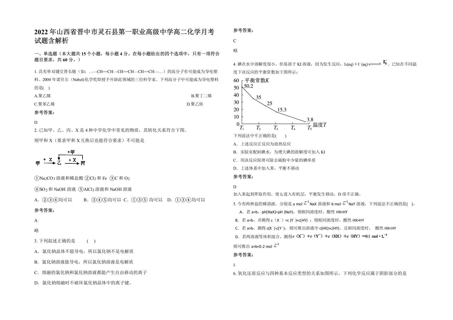 2022年山西省晋中市灵石县第一职业高级中学高二化学月考试题含解析