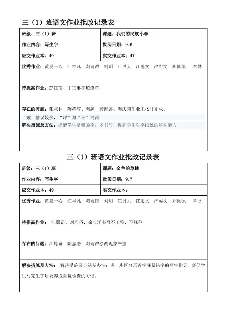 作业批改记录表