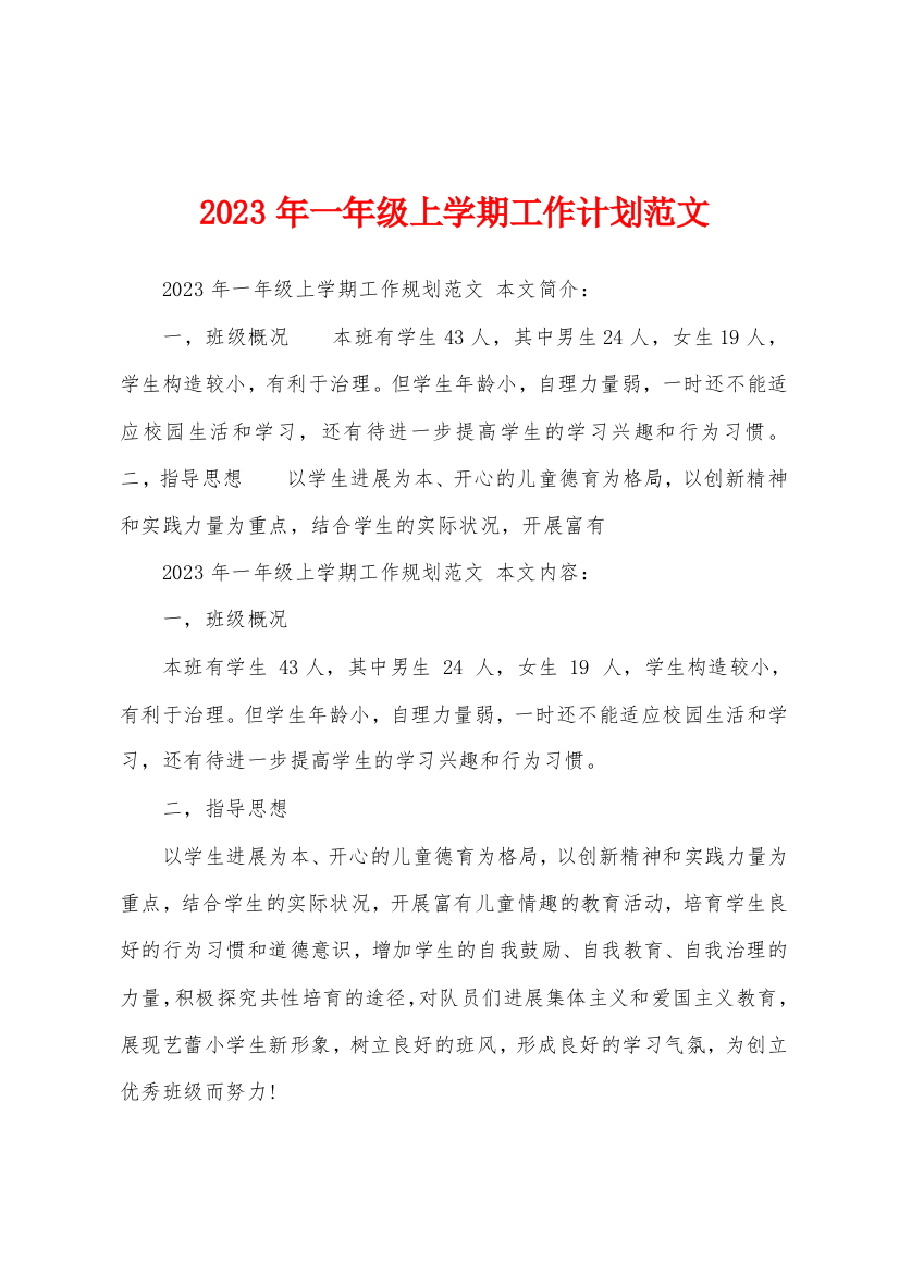 2023年一年级上学期工作计划范文