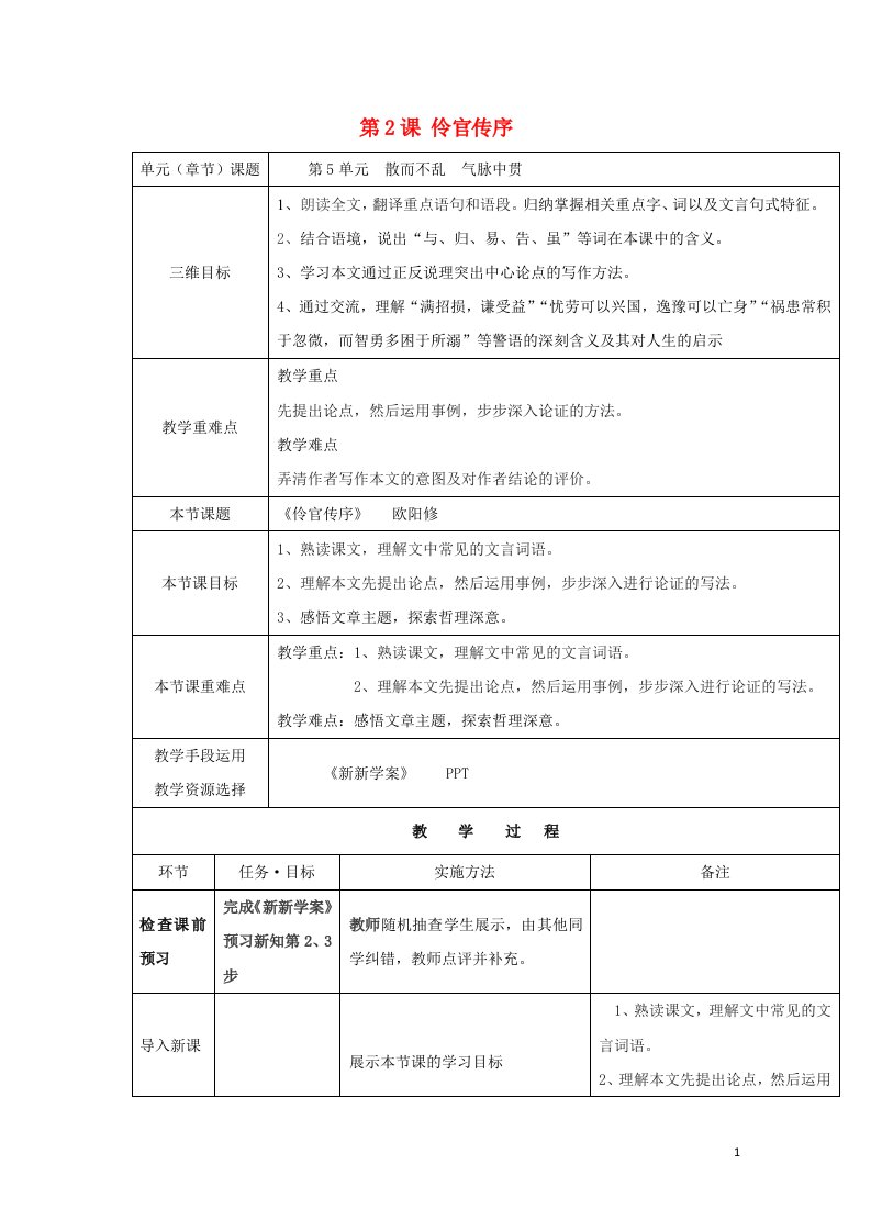 陕西省安康市石泉县高中语文第五单元散而不乱气脉中贯第2课伶官传序教案2新人教版选修中国古代诗歌散文鉴赏