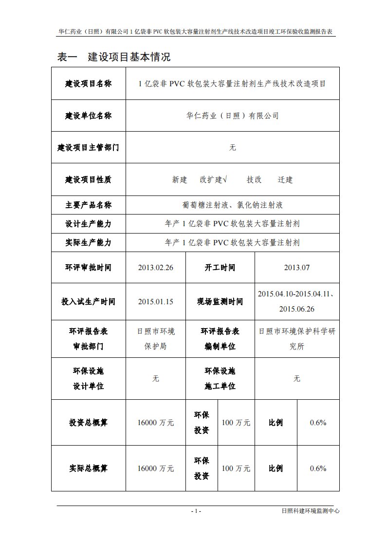 环境影响评价报告公示：华仁药业验收报告表正文环评报告