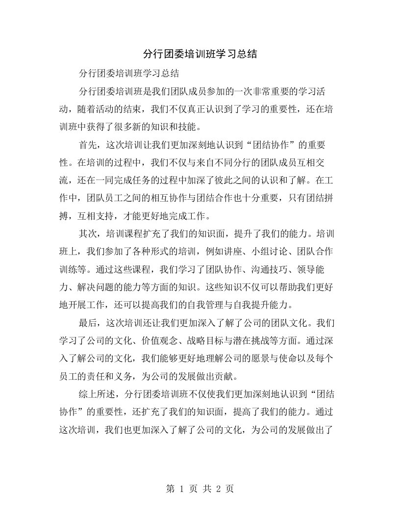 分行团委培训班学习总结