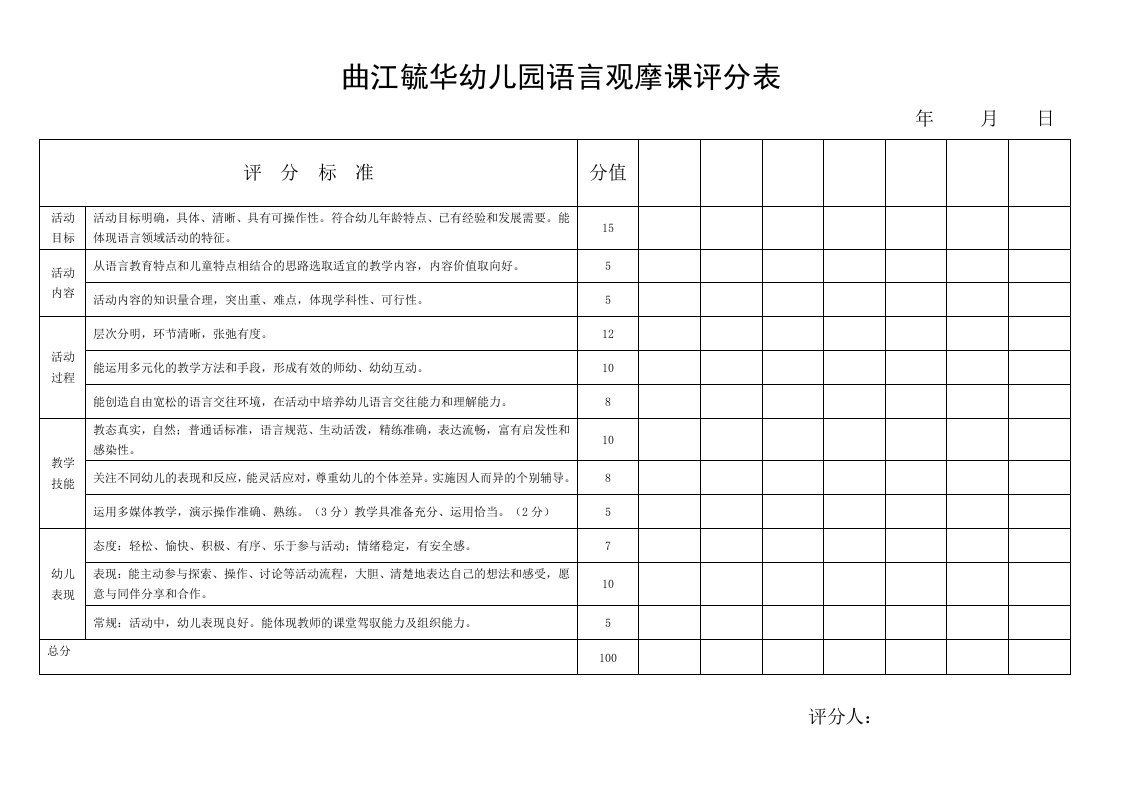 幼儿园语言教学评价表