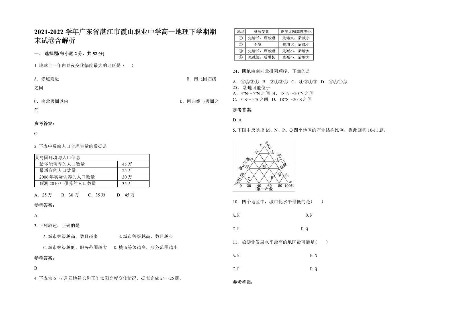 2021-2022学年广东省湛江市霞山职业中学高一地理下学期期末试卷含解析