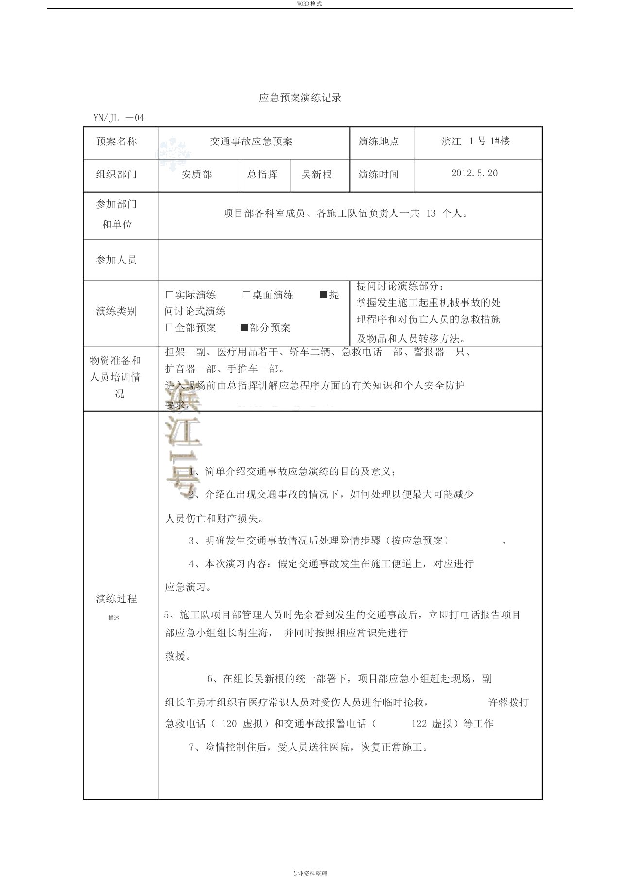 应急预案演练记录-交通事故