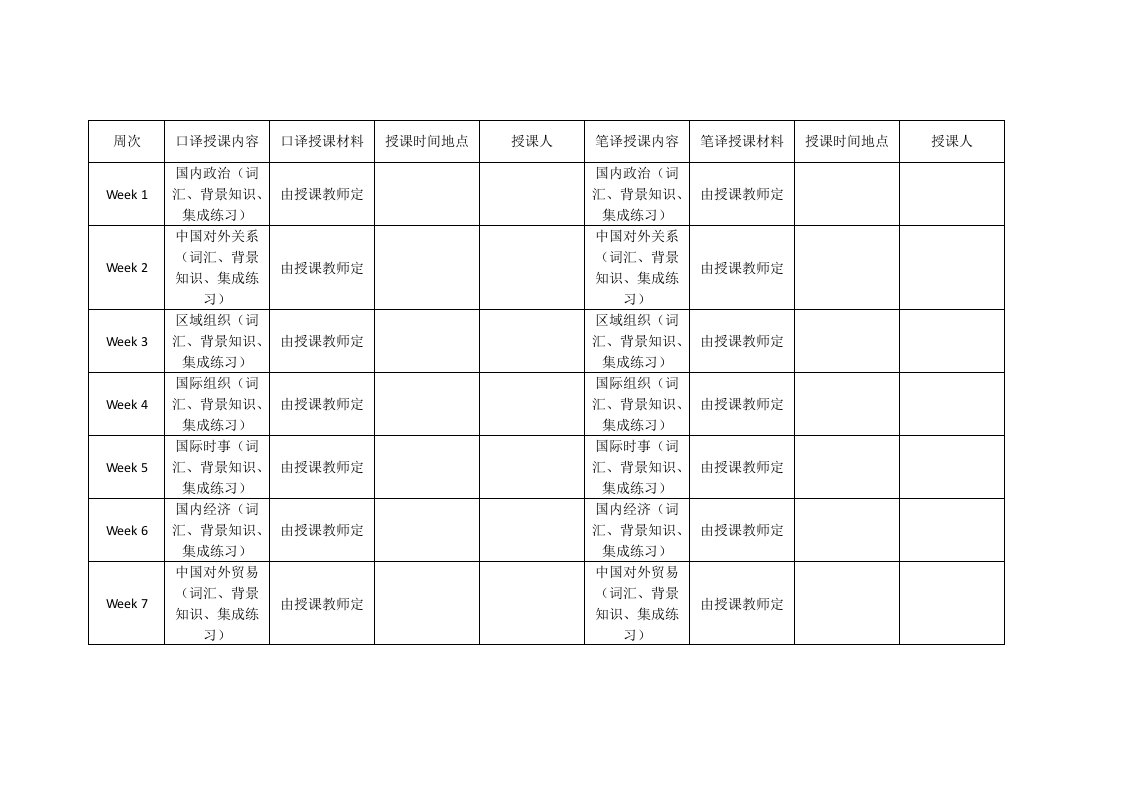 英语口笔译工作坊-授课计划