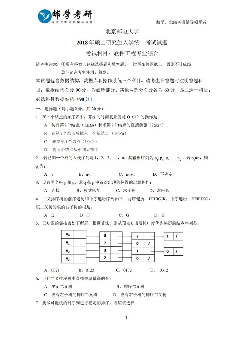 北京邮电大学2024年807软件工程考研真题