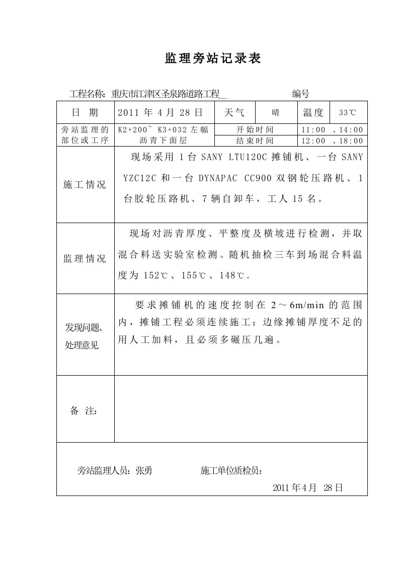 (沥青砼)旁站监理记录表