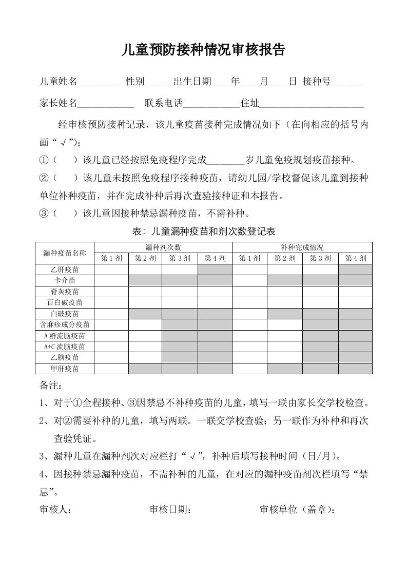 儿童预防接种情况审核报告