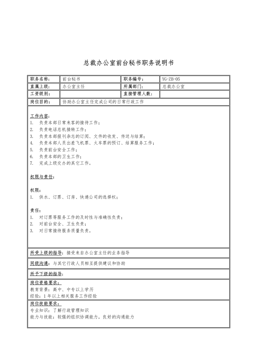 某投资集团总裁办公室前台秘书职务说明书