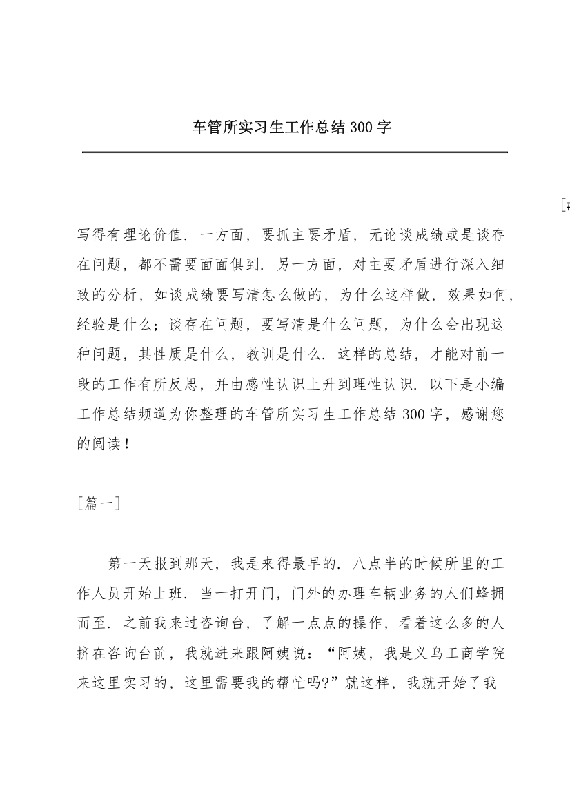 车管所实习生工作总结300字