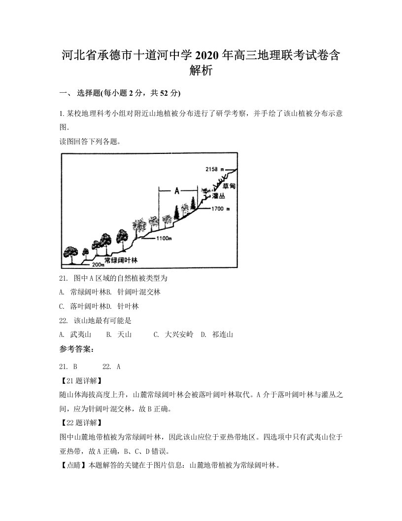 河北省承德市十道河中学2020年高三地理联考试卷含解析