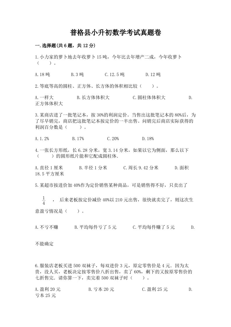 普格县小升初数学考试真题卷及答案1套