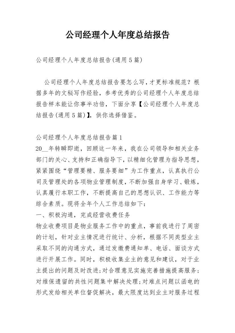 公司经理个人年度总结报告