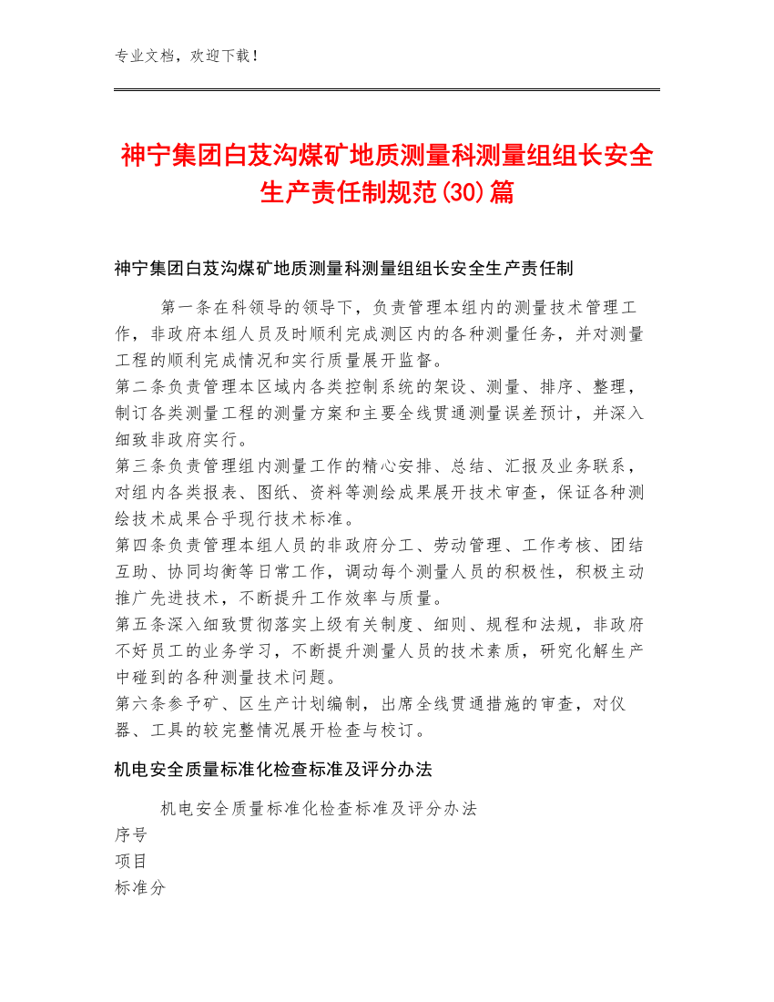 神宁集团白芨沟煤矿地质测量科测量组组长安全生产责任制规范(30)篇