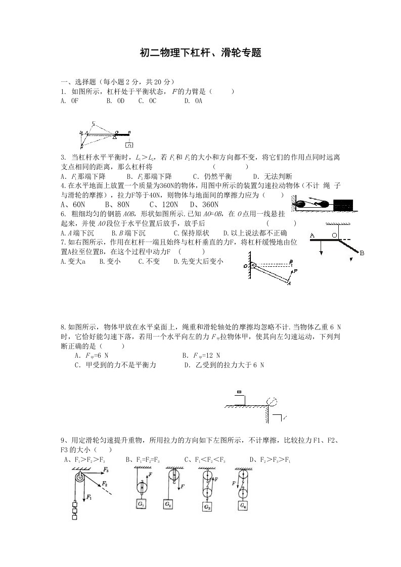 初二物理下杠杆、滑轮专题