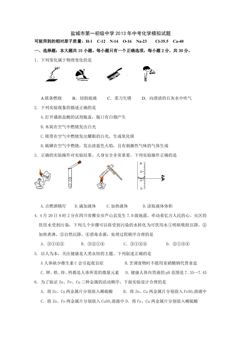 盐城市第一初级中学2013年中考化学模拟试题