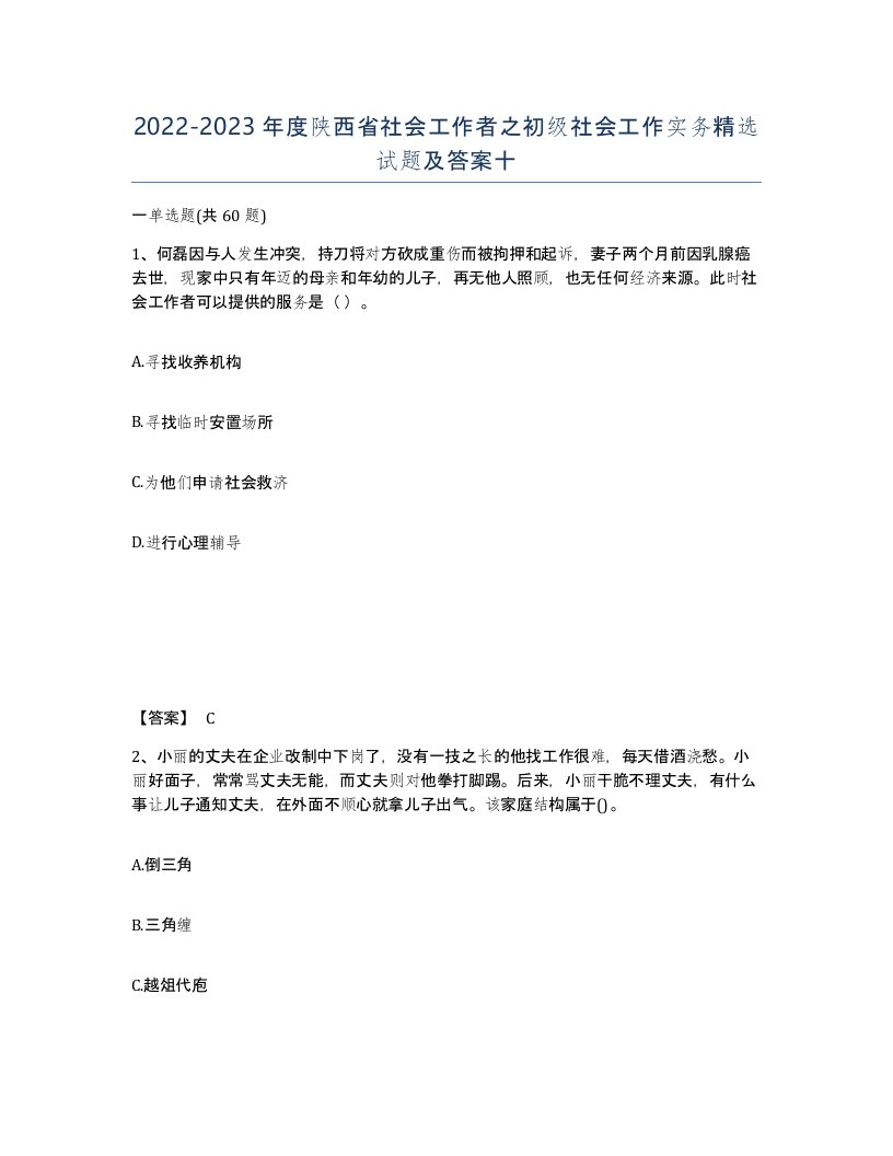 2022-2023年度陕西省社会工作者之初级社会工作实务试题及答案十