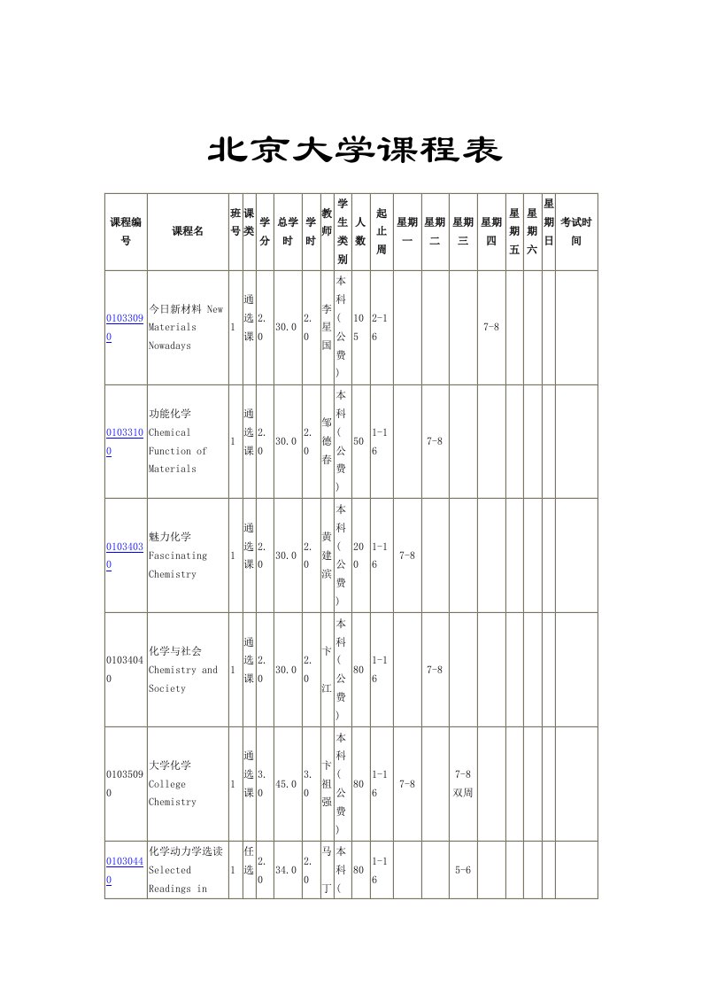 北京大学化学系课程表