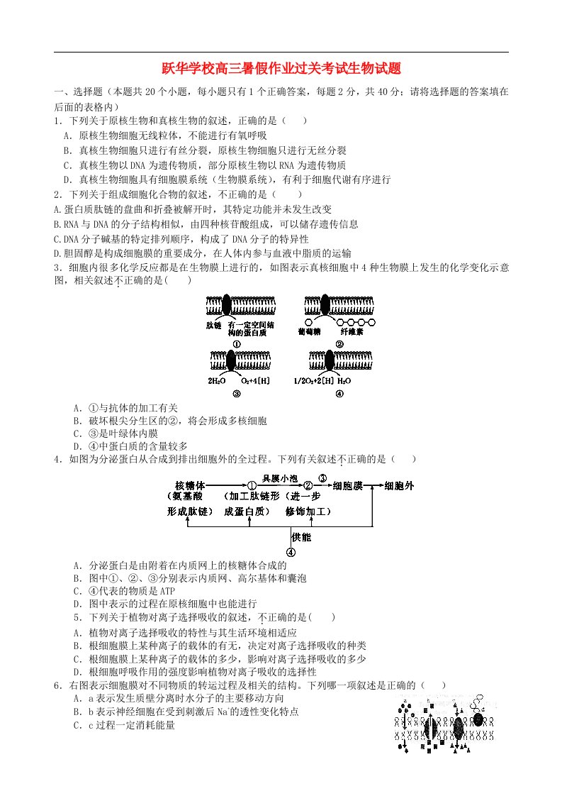 山东省德州市跃华学校高三生物暑假作业过关考试试题（无答案）