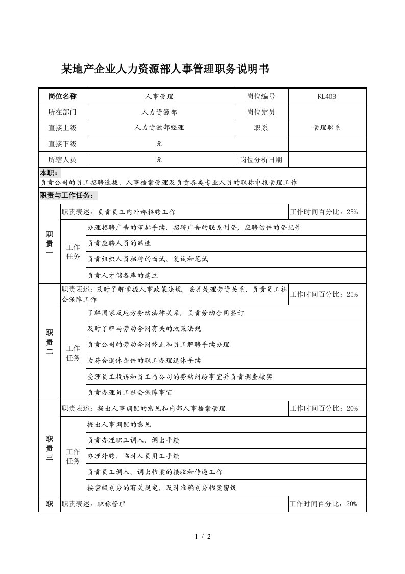 地产企业人力资源部人事管理职务说明书