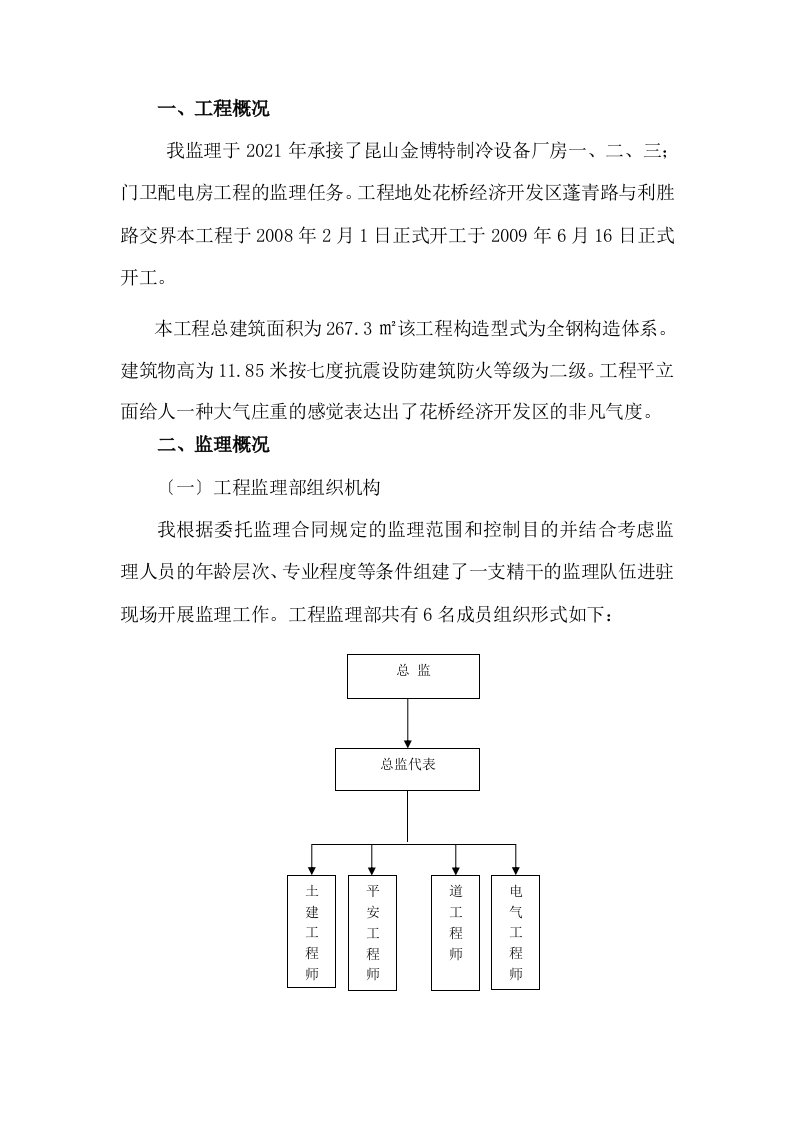 某公司厂房、门卫配电房工程监理工作总结