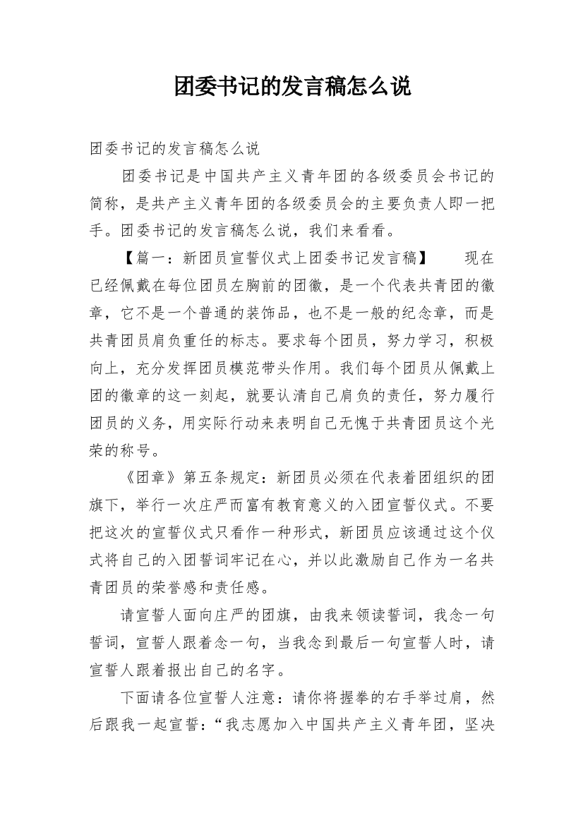 团委书记的发言稿怎么说