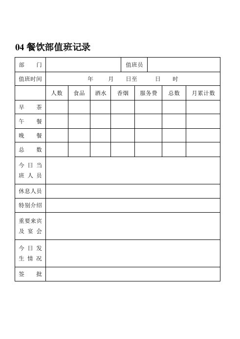 餐饮管理-04餐饮部值班记录