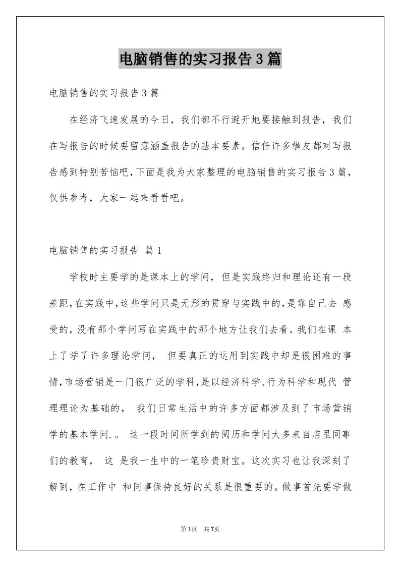 电脑销售的实习报告3篇精选