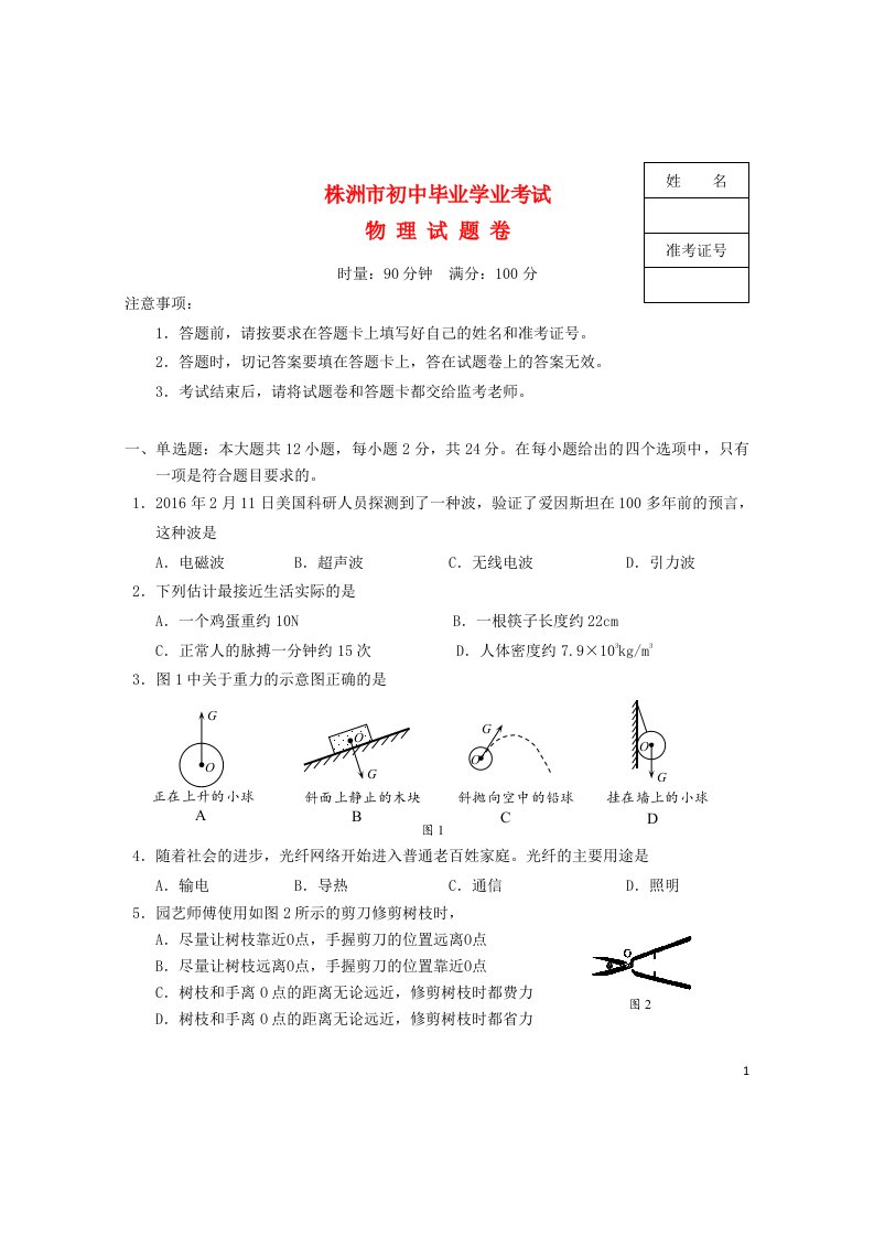 湖南省株洲市中考物理真题试题（含答案）