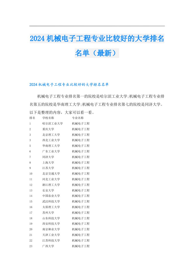 2024机械电子工程专业比较好的大学排名名单（最新）