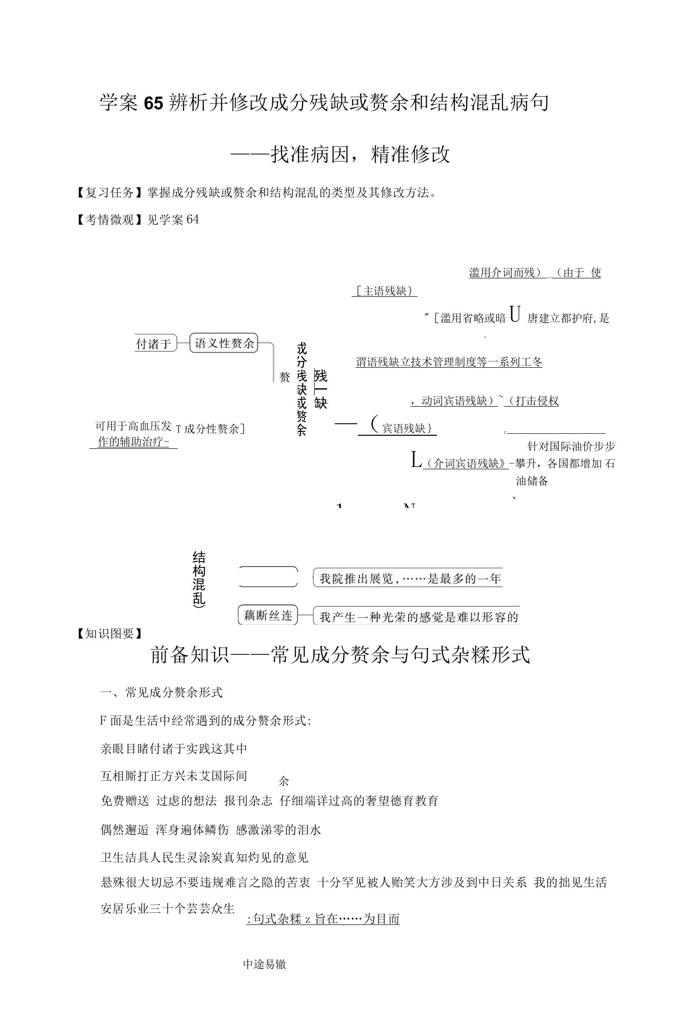 高考语文复习--学案65　辨析并修改成分残缺或赘余和结构混乱病句——找准病因，精准修改