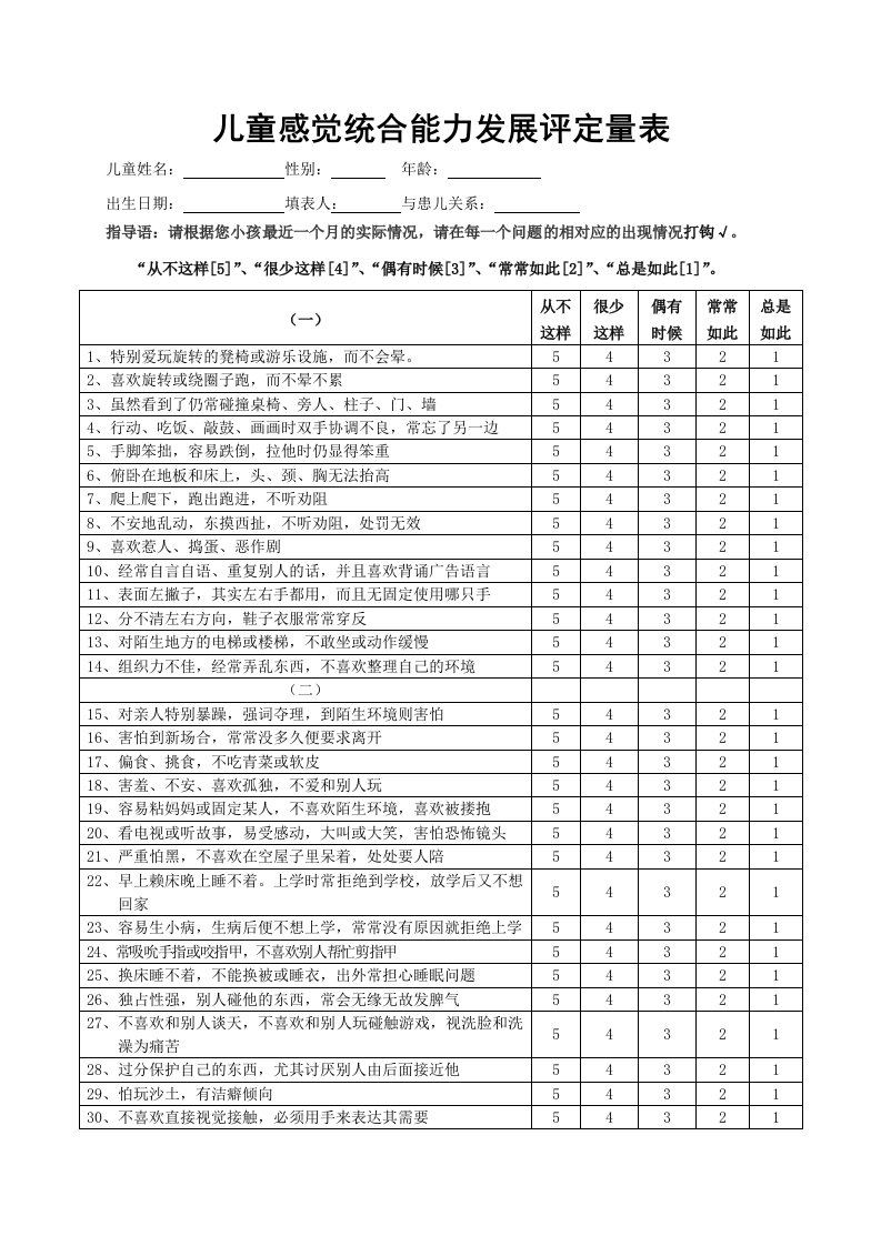 儿童感统发展评定量表