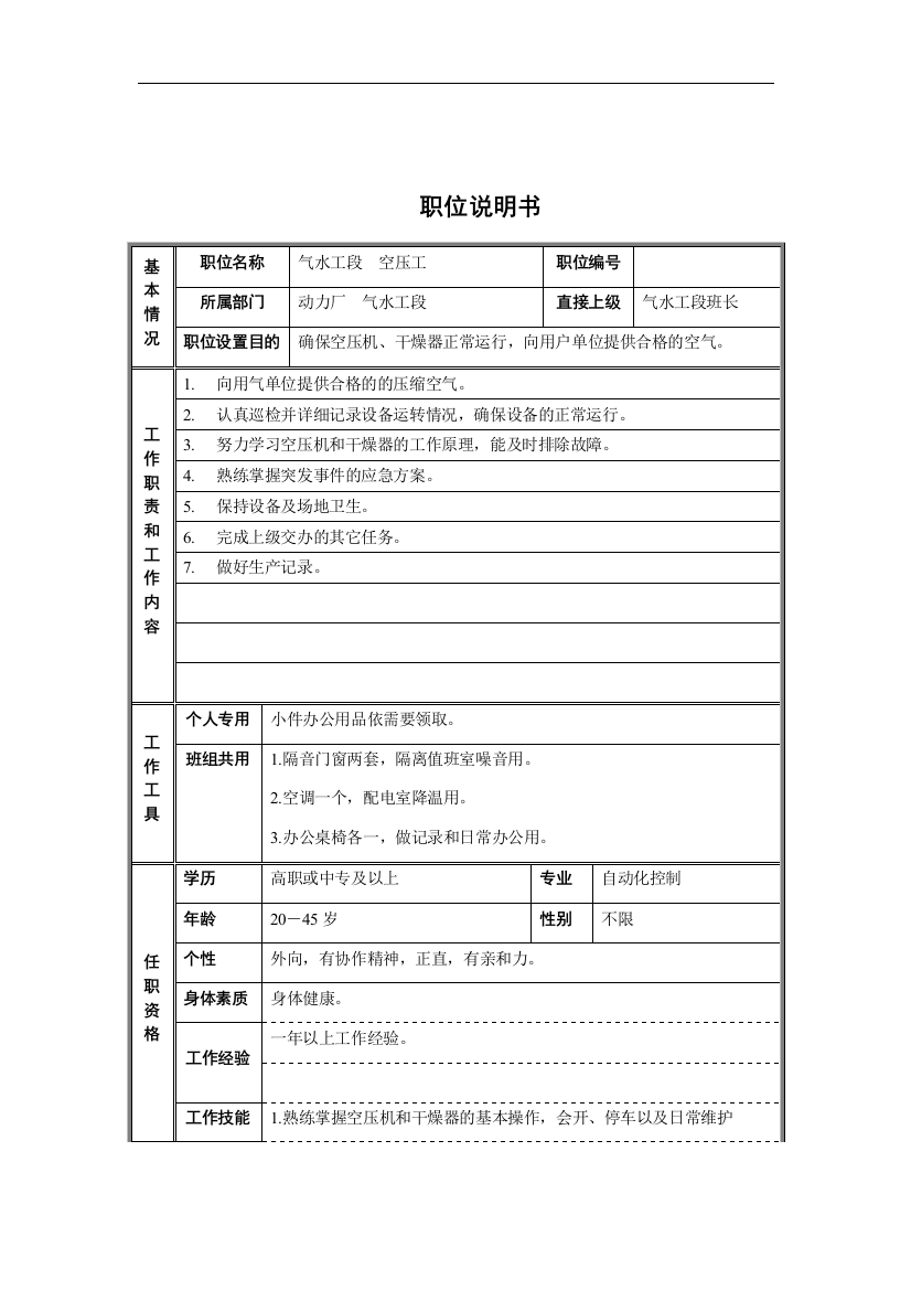 气水工段空压工职位说明书