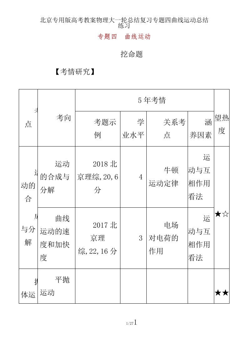 北京专用版高考教案物理大一轮总结复习专题四曲线运动总结练习