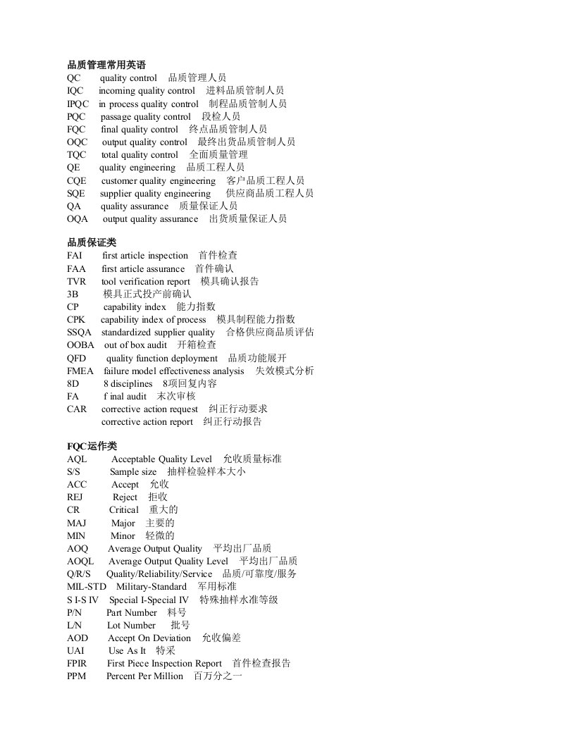 品质管理常用英语