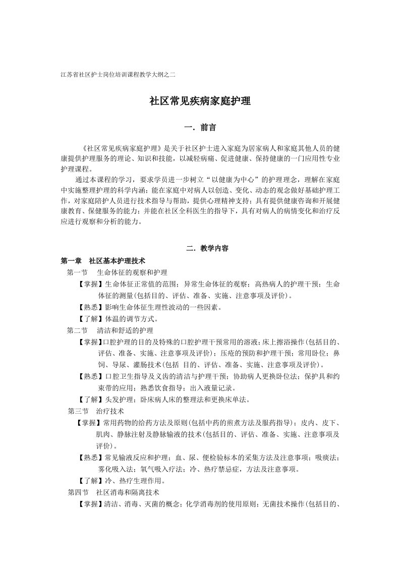 岗位职责-江苏省社区护士岗位培训课程教学大纲之二