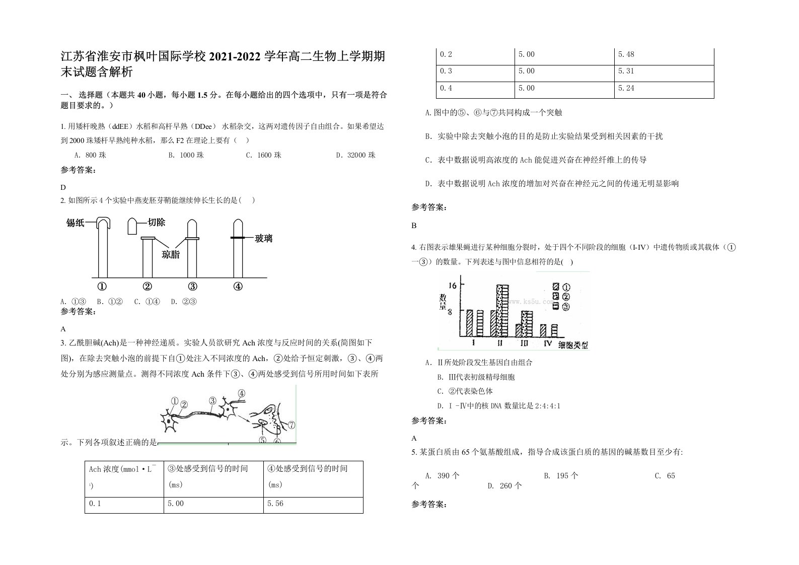 江苏省淮安市枫叶国际学校2021-2022学年高二生物上学期期末试题含解析