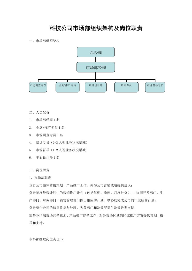 公司市场部组织架构及岗位职责