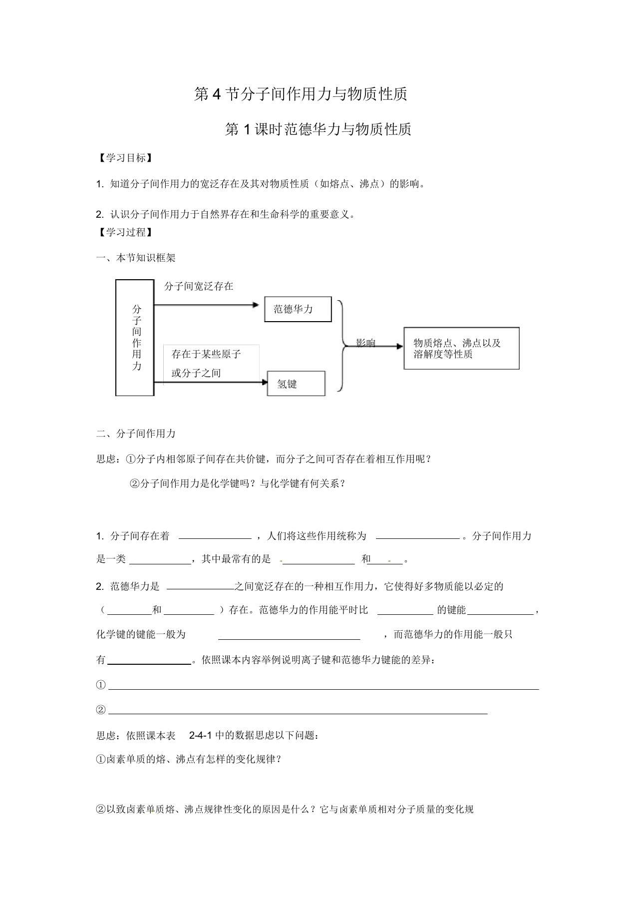 化学241《范德华力与物质性质》学案(鲁科版选修4)