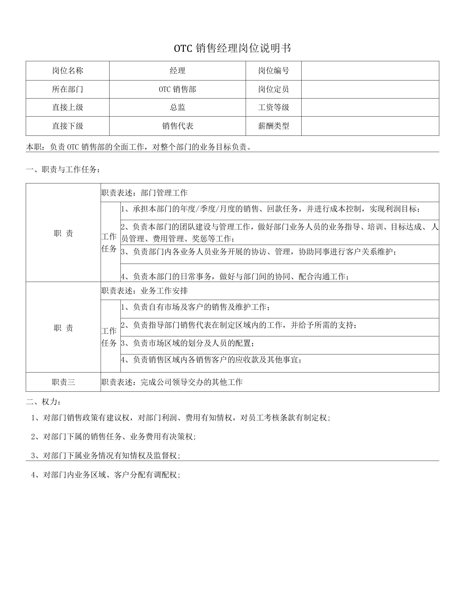 OTC销售部岗位说明书汇编